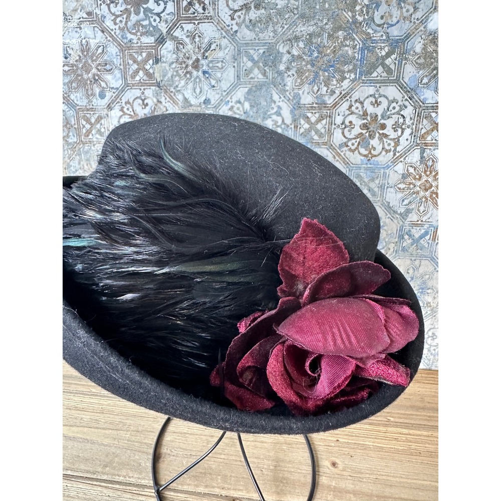 Wool Feather Rose Hat Cloche Church Womens OS Black Vintage Style Victorian
